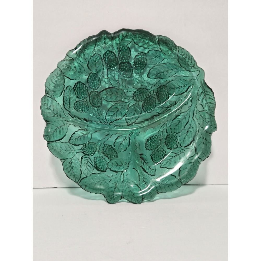 Vintage Indiana Glass Loganberry Textured Divided Relish Plate Green 9"~Festive!